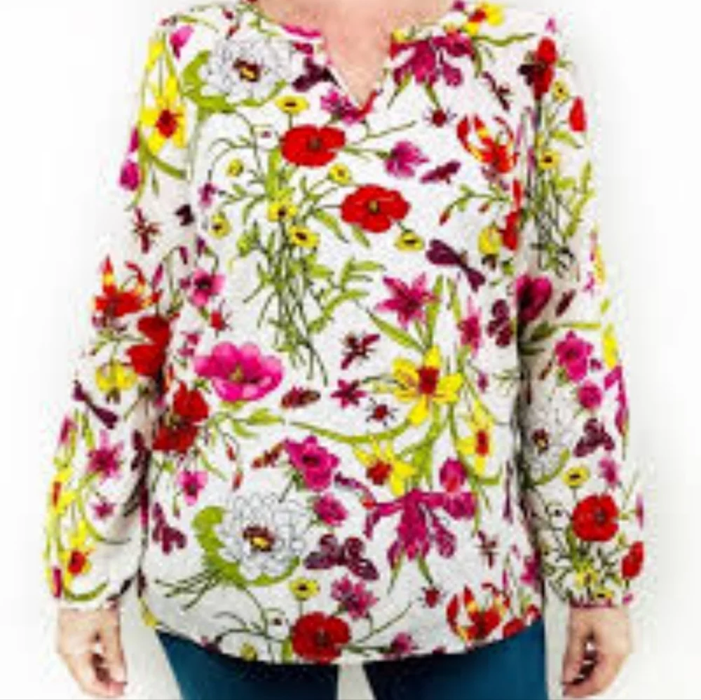 ❤️ TALBOTS COTTON FLORAL DRAGONFLY PRINT SPLIT NECK TOP, LARGE - Picture 2 of 7